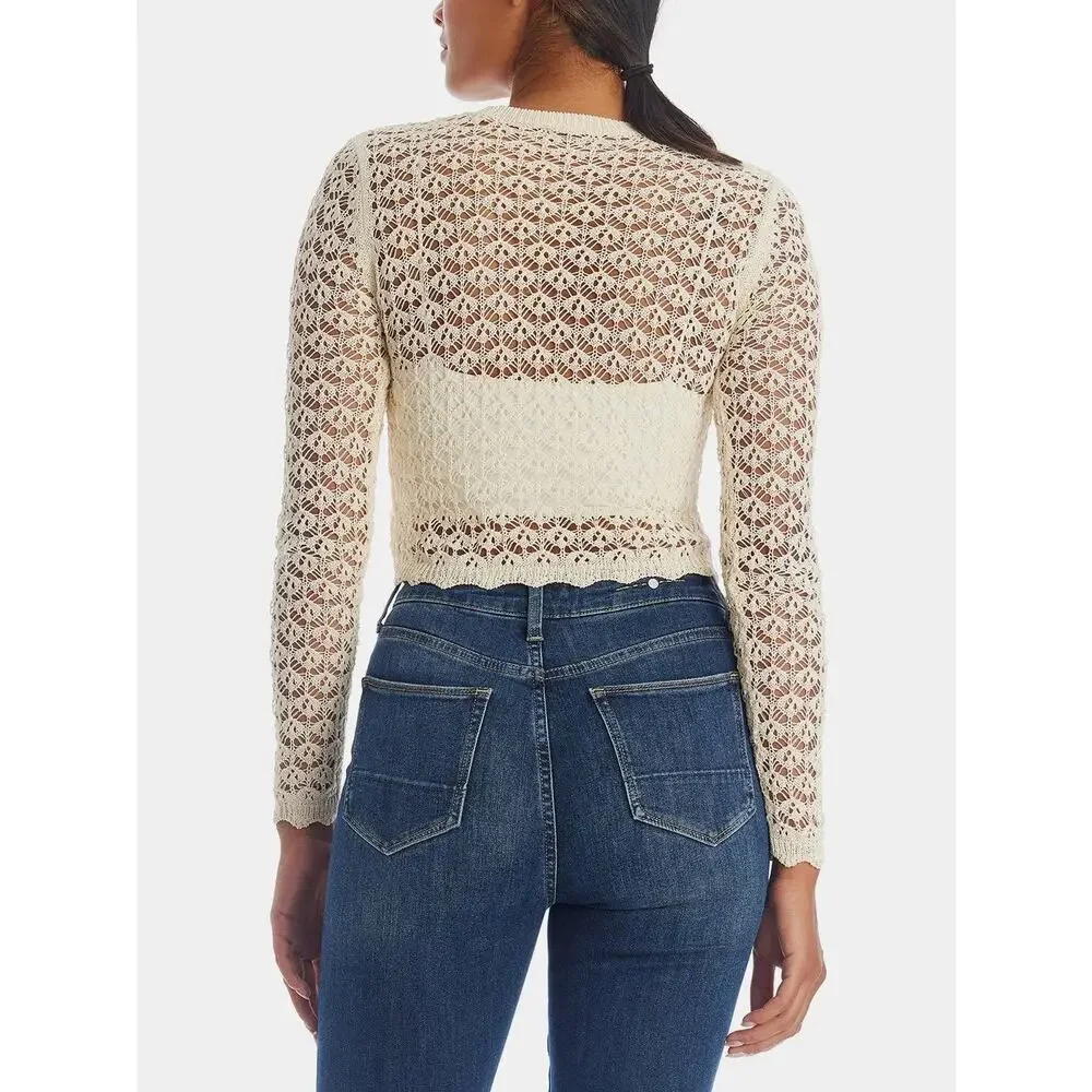 ASTR Cream Crochet Knitted High Neck Long Sleeve Pullover Crop Sweater Top XS